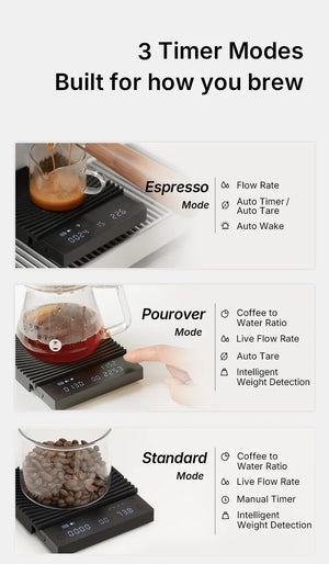 Black coffee scale with multiple timer modes and precision for espresso and brewing, barista accessories, all about coffee.