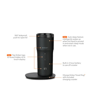 Electric Coffee Travel Mug black V2 - 355ml with touch display and charging plate in black, elegant design.