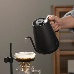 Black electric kettle with a narrow spout for precise pouring, from Timemore and brew accessories all about coffee.