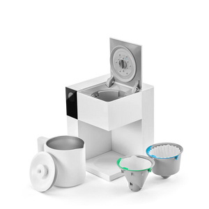White precision brewer for manual brewing with two filters and coffee storage, part of Fellow, Latest news, all about coffee.