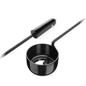 Car charger for Ember electric mug in black with cable and adapter for fast and safe charging.