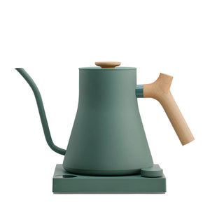 Green electric kettle with wooden handle and narrow spout for precision, part of Fellow, EspressoGear, all about coffee