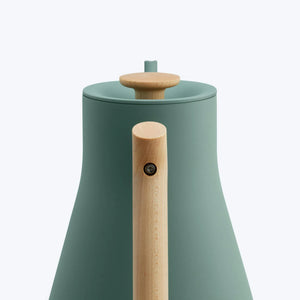 Green kettle with wooden handle and lid, designed for precise temperature control, part of Fellow, EspressoGear, all about coffee