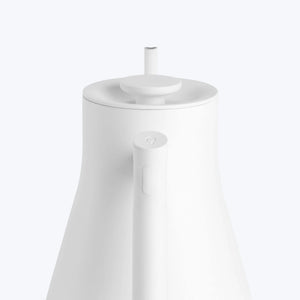 White electric kettle with narrow spout and digital control, part of Fellow, Kettle, EspressoGear, all about coffee
