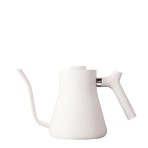White electric kettle with narrow spout for precise pouring, part of Kettles and EspressoGear, all about coffee.