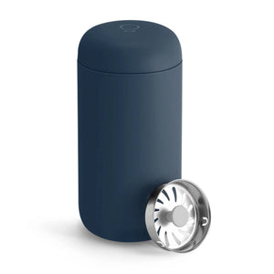 Matte blue reusable take away cup with removable stainless steel lid, part of Fellow and EspressoGear, all about coffee.