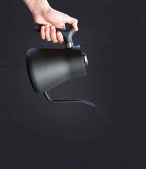 Matte black kettle with narrow gooseneck spout and ergonomic handle, barista accessories, all about coffee.