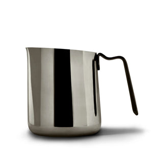 Stainless steel milk pitcher with precise pouring for latte art, ergonomic handle, barista espresso accessory, all about coffee.