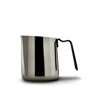 Mirror-polished stainless steel milk pitcher with ergonomic handle, perfect for latte art, espresso accessories, everything about coffee.