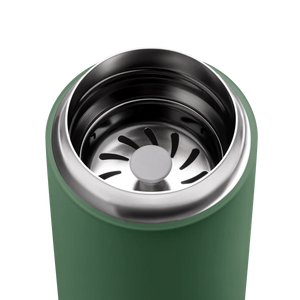 Detail of insulated lid with built-in stainless steel filter for green take away cup, Fellow, all about coffee.