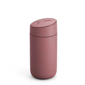 Reusable travel mug in dusty pink with sliding lid, part of Fellow, Take away, Latest news, all about coffee.