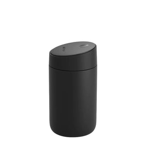 Black thermal mug with sliding lid for take away, part of Fellow and EspressoGear, all about coffee.