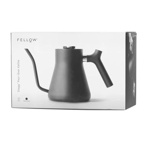 Electric kettle with matte black finish and narrow spout for precise pouring, brew accessories, all about coffee.