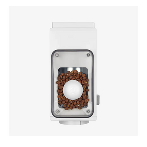 White electric espresso grinder with beans in container, part of Fellow and EspressoGear, all about coffee.