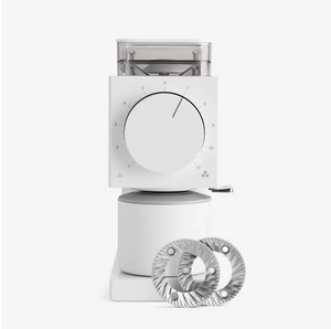 White electric coffee grinder with adjustable grind size and extra stainless steel burrs, Fellow, all about coffee.
