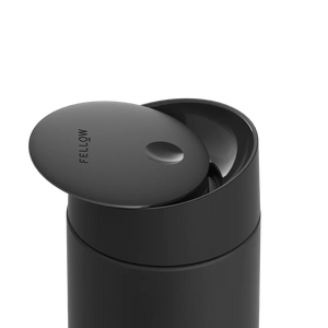 Matte black take away thermos with sliding lid, part of Fellow and EspressoGear, the latest from All About Coffee.