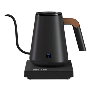 Black electric kettle with narrow spout and wood detail, from Timemore and brew accessories for barista espresso