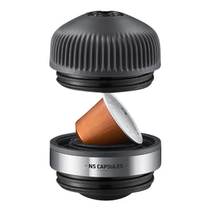 Black and steel adapter for Nespresso OriginalLine capsules, espresso accessories from Wacaco and EspressoGear.