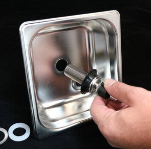 Pitcher Rinser square 150mm Spinjet in stainless steel mounts for efficient cleaning of pitchers.