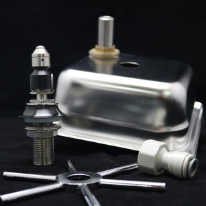 Square 150mm Pitcher Rinser Spinjet in stainless steel with parts for effective cleaning of espresso pitchers.